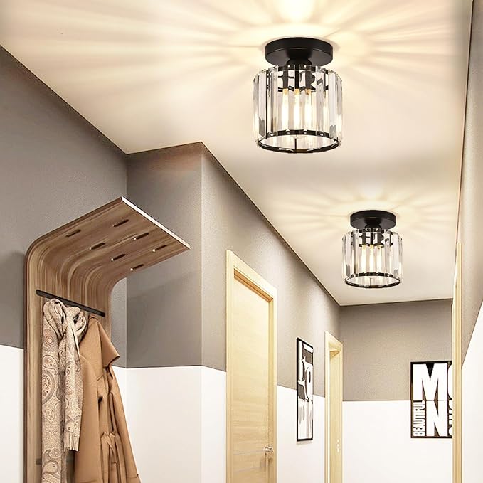 Semi Flush Mount Ceiling Light, Crystal Ceiling Light Black Crystal Chandelier for Kitchen Hallway Entrance Balcony Dining Rooms Living Rooms
