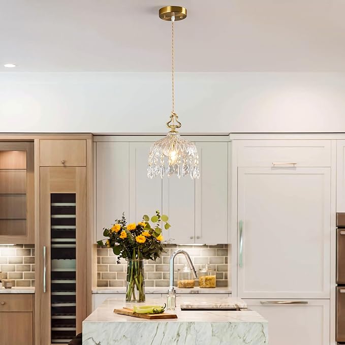 Brass Vintage Glass Pendant Light Crystal Hanging Light Fixtures,Adjustable Height Single Head Pendant Lights for Dining Room Living Room Bedroom Hallway(2-Pack)