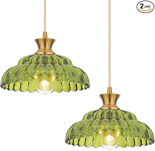 2Pack Glass Pendant Lights, 11.8" Vintage Lighting Green Glass Light Fixtures Brushed Gold Modern Green Chandelier Hanging Ceiling for Kitchen Island Dining Room Restaurant Foyer Entryway