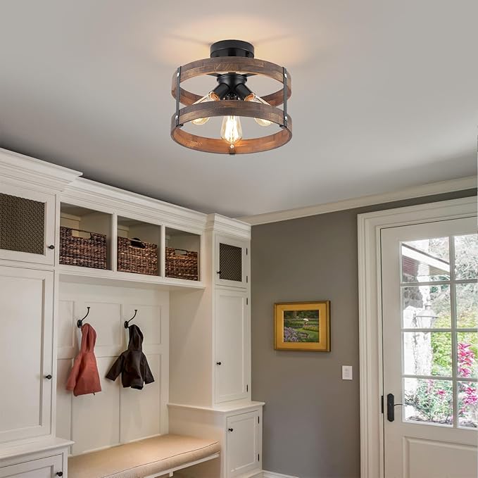 3-Light Rustic Farmhouse Wood Flush Mount Ceiling Light Fixture Oak Wood Round Drum Semi Flush Mount Ceiling Light for Hallway Hall Entry Bedroom Farmhouse Indoor, Black