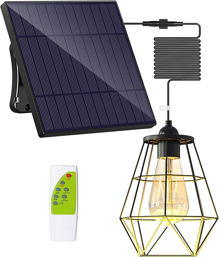 intelamp Solar Pendant Lights Indoor Outdoor, 4000mAh Gazebo Shed Chandeliers with Remote Dust to Dawn Mode 16.4Ft Hanging Lighting Interior for Outside Barns Toolsheds Chicken Coop