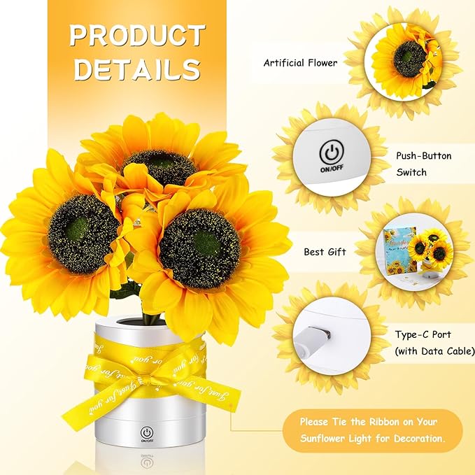 2 Sets Sunflower Lamp Gift for Women, Mother's Day Birthday Gifts for Women, Mom, Shimmering Sunflower Lamp with Cards Ribbons Gift Box Rechargeable Table Night Light for Anniversary Decor