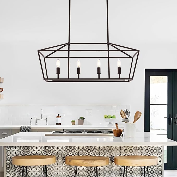 4-Light Kitchen Island Lighting, Dining Room Farmhouse Lantern Chandelier for Over Pool Table Living Room, Pendant Light Fixtures E12 Bulb Base & Oil Rubbed Bronze