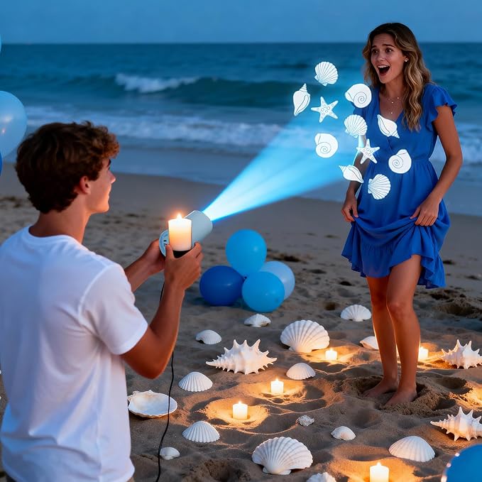 Coastal Ocean Flameless Candle Projector Light Decor Summer Seashell LED Candle Battery Operated Night Light with Remote Timer for Wedding Seaside Beach Coastal Bachelorette Birthday Room Decoration
