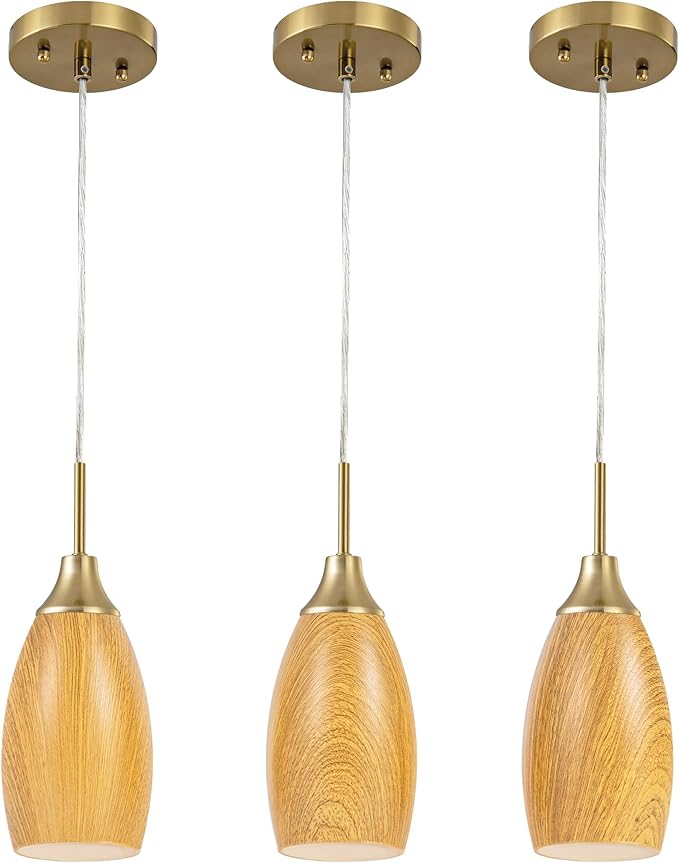 Viinew Mini Glass Pendant Light 4.72" Walnut Wood Grain Pendant Lights 3-Pack Handblown Art Oval Glass Hanging Pendant Light for Kitchen Island Dining Room Living Foyer Hallway Entry Brushed Gold