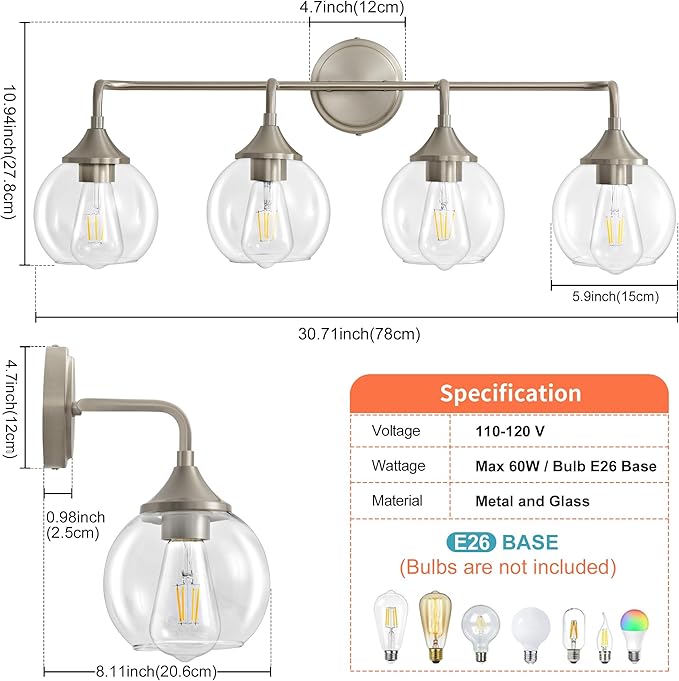 Bathroom Vanity Light with Clear Glass Shade, E26 Base 4-Light Bathroom Light Fixtures Over Mirror, 31 Inch Vanity Lights for Bath (Exclude E26 Bulb)
