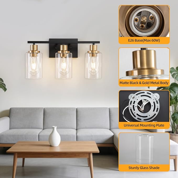Bathroom Light Fixture Black Gold Vanity Lights Over Mirror, 3 Light Wall Sconces Lighting with Clear Glass Shades, Modern Wall Lights Wall Lamp for Mirror, Hallway Kitchen Bedroom Cabinet