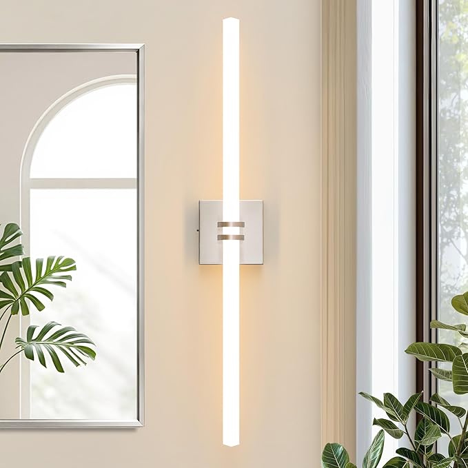 Bathroom Light Fixtures, Brushed Nickel 28W LED 360° Full Lighting Modern Wall Sconce Vanity Light with 5-Color Dimmable 3000K-6000K, 29.92inch Vanity Lighting for Bath, Bedroom, Hallway