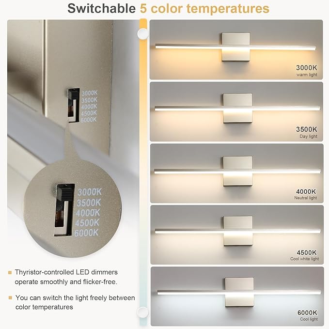 Modern Bathroom Vanity Light 24 Inch, 18W Brushed Nickel Bathroom Light Fixture Over Mirror, Dimmable 5CCT LED Wall Sconce Lighting for Restaurant