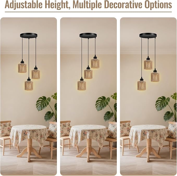 BoostArea 3-Light Rattan Pendant Lights Kitchen Island, Farmhouse Chandelier with Handwoven Wicker Shade, Adjustable Height Boho Hanging Light for Kitchen Island/Dining Room/Bedroom/Hallway, No Bulb