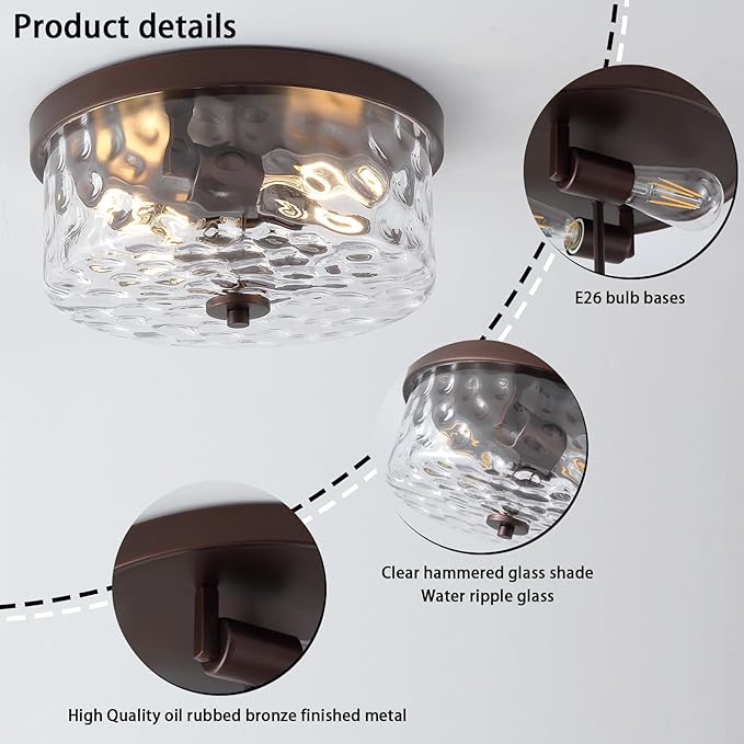 Hammered Glass Oil Rubbed Bronze Flush Mount Ceiling Light,2-Lights Modern Farmhouse Ceiling Lighting Fixture for Kitchen Hallway Bedroom,Indoor Antique Foyer Light