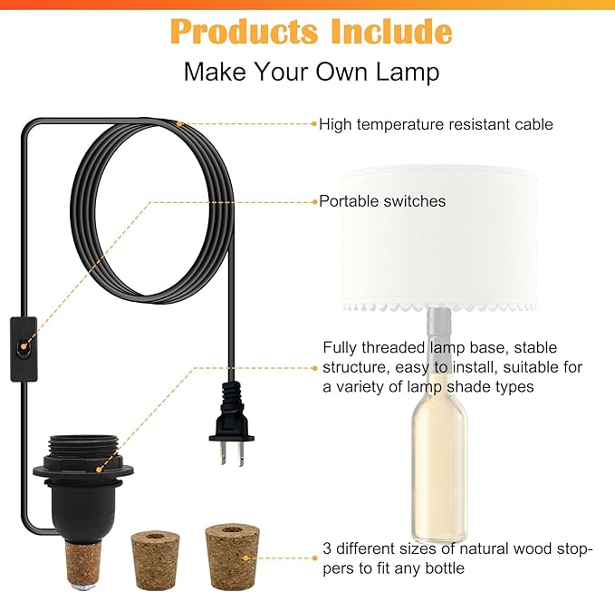 2 Pcs DIY Bottle Lamp, Bottle Lamp Holder Adaptor, Wine Bottle Light Kit, E26/E27 Base, 3 Sizes Stopper Works with Wine Bottle or Any Other Glass Liquor Bottles