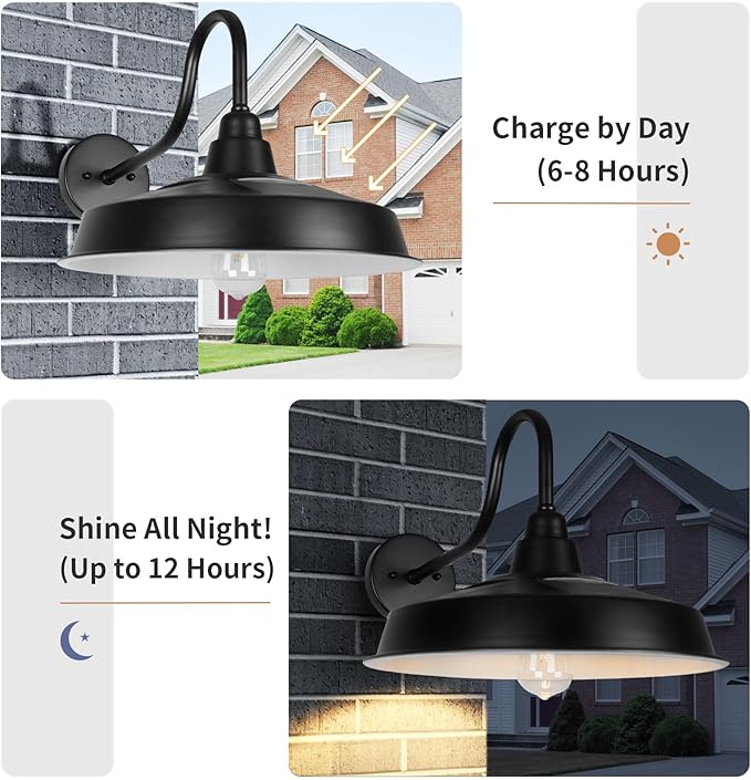 Solar Barn Lights Outdoor, 16 Inch Dome Wall Lights Solar Powered, Farmhouse Exterior Wall Sconce, Industrial Outside Light Fixtures, Rustic Lantern for Garage, Barn, Shed, RZSR020W-2