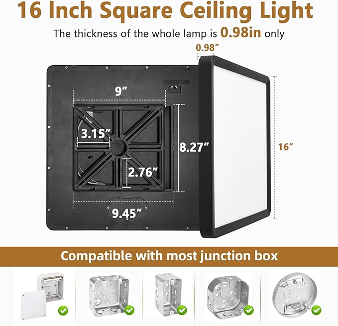 2PK 16 Inch Square LED Flush Mount Ceiling Light, 40W, 4000LM 3000K/4000K/6000K CCT Selectable, Black Square LED Flat Panel Ceiling Light Fixture for Bedroom,Kitchen,Living Room