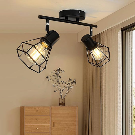 LTBLIGHT LED Track Lighting Kit, 2-Light Directional Ceiling Light Fixture, Black Metal Wire Cage Spotlight Fitting for Bedroom, Art Wall, Study Room, E26 Base, Bulbs Not Included