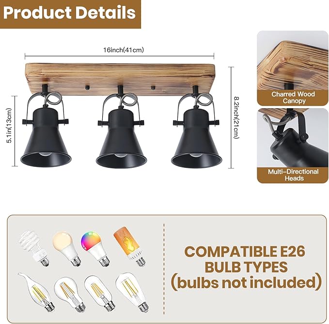3-Light Track Lighting Kit, Wood Semi Flush Mount Ceiling Light with 3 Rotatable Heads – Modern Farmhouse Kitchen Lighting Fixtures Ceiling for Living Room, Bedroom, Hallway, Bathroom