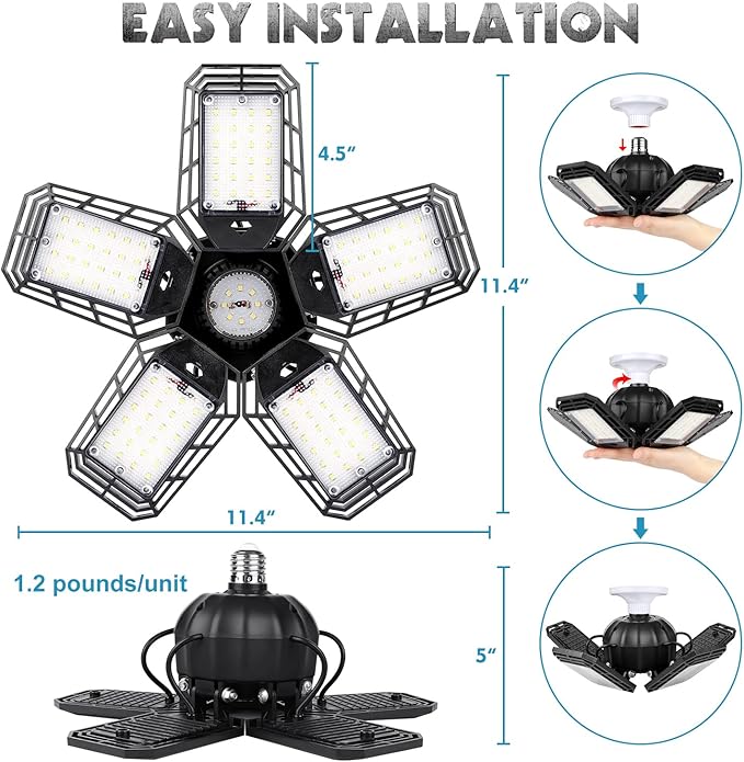 LED Garage Lights 4 Pack, Ceiling LED Shop Light 160W 16000LM 6500K Screw in Led Light with 5+1 Deformable Panels, Bright Led Lighting for Garage Workshop Basement Support E26/E27 Socket