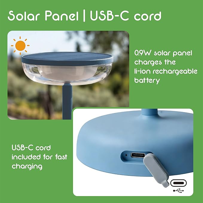 Cocktail Style Solar Table Lamp – Cordless LED Light with USB-C Charging, Dimmable Warm 2700K Glow, Weather Resistant for Indoor/Outdoor Use – Blue, 1 Pack