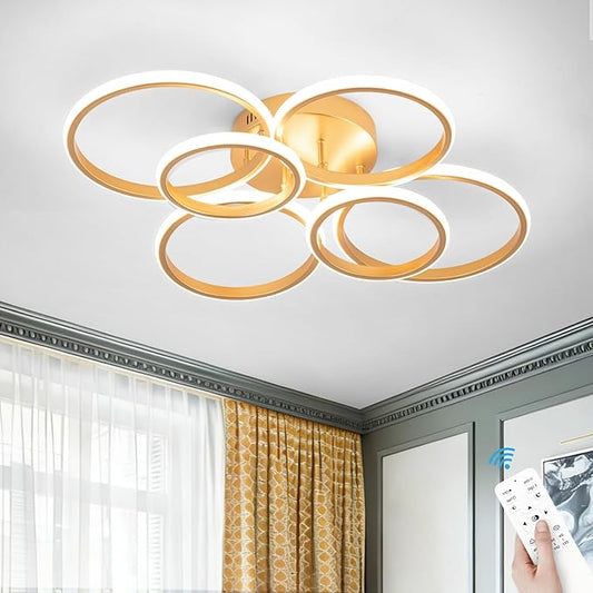 Modern Ceiling Lights, 6 Rings Dimmable Gold LED Ceiling Light Fixtures with Remote Control, 60W Close to Ceilings Lighting for Living Room, Bedroom, Dining Room