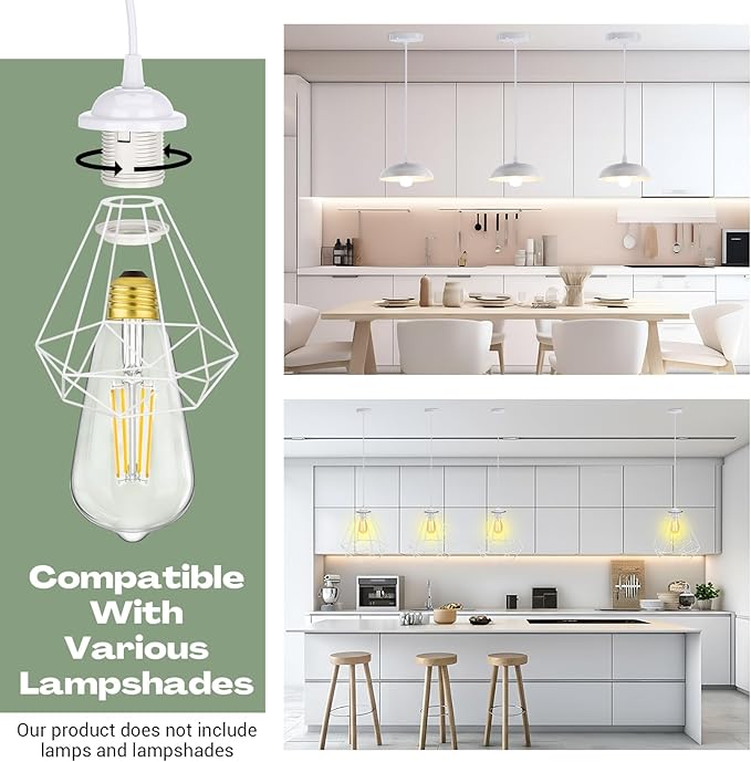 12 Pack Industrial Mini Pendant Light Kit Bulk, UL E26/E27 Lamp Socket 3.28 ft Adjustable Hanging Light Cord Kit Edison Vintage Retro Ceiling Lamp Fixture for Kitchen Bar Decor(White)