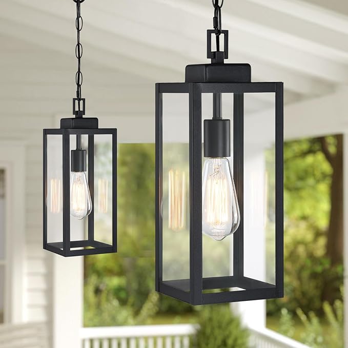 2 Packs 15'' Large Outdoor Pendant Light, Modern Outside Chandelier Outdoor Hanging Lantern Light, Matte Black with Clear Glass, Exterior Pendant Lighting Fixture Ceiling Mount for Porch, Gazebo