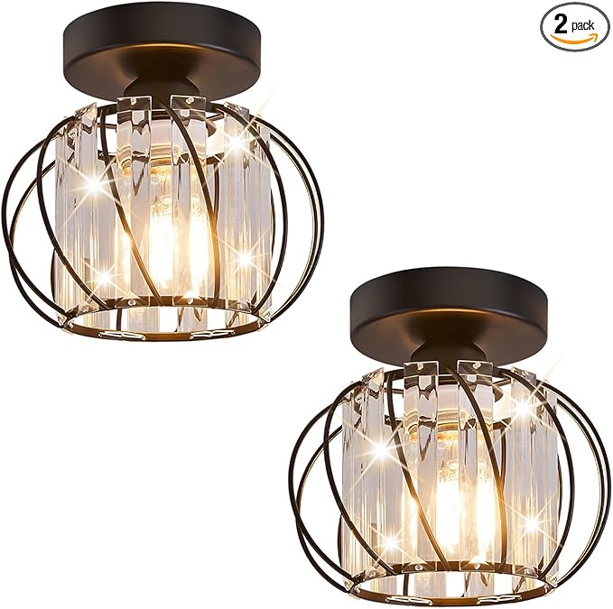 Semi Flush Mount Crystal Ceiling Light Pack of 2, Metal Cage Hallway Ceiling Lamps, Farmhouse Ceiling Light Fixture, Industrial Crystal Chandelier for Corridor Bathroom Kitchen (Black, 7.5 Inch)