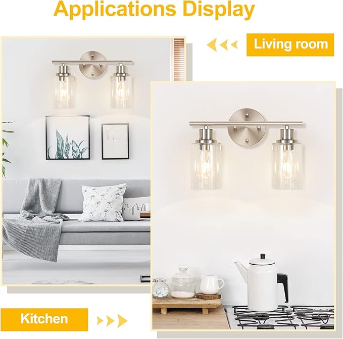 2-Light Wall Sconce Light Fixtures, Brushed Nickel Finish Wall Light with Clear Glass Shade, Modern Vanity Lighting, Wall Lamp for Bathroom Mirror