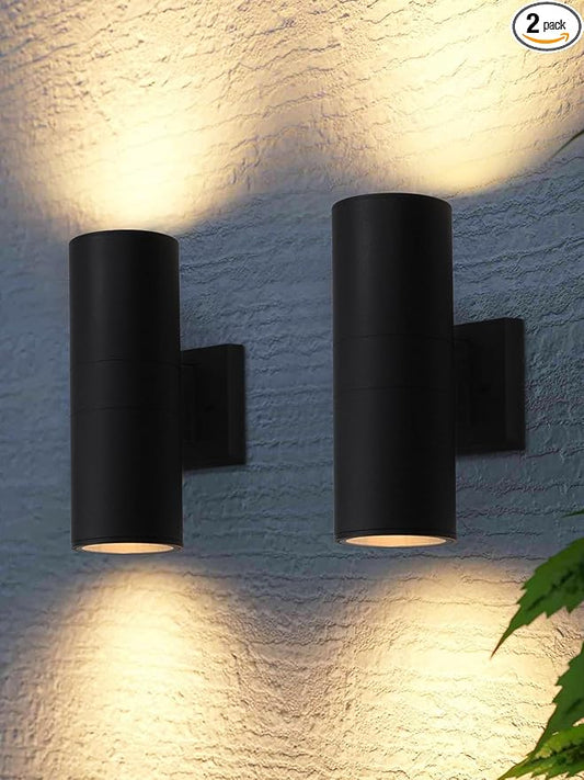 LEONLITE Modern Outdoor Cylinder Wall Lights 12", Up and Down Porch Patio Lights, Matte Black Waterproof Wall Sconce, Aluminum, E26 Base, Exterior Light Fixture Wall Mount, ETL, Pack of 2
