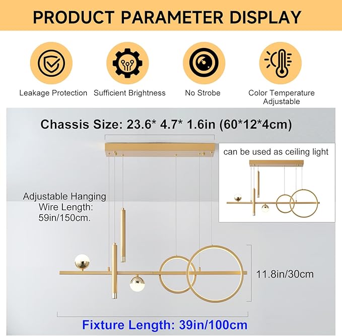 ORANOOR LED Gold Chandeliers for Dining Room, 39in Dimmable Modern Chandelier Gold Pendant Lights for Kitchen Island, Linear Ring Globe Pendant Light Fixtures Dining Room Lights Ceiling Hanging