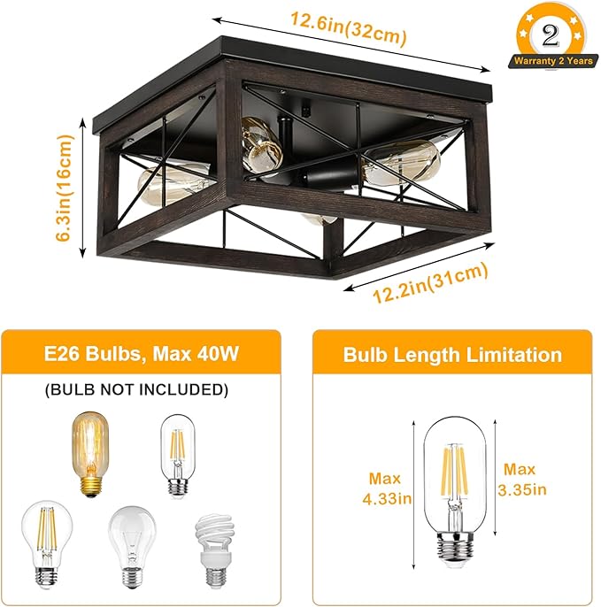 eyassi Wooden Flush Mount Ceiling Light, 4-Light Rustic Farmhouse Light Fixtures, Industrial Square Ceiling Light Fixture with E26 Socket for Kitchen Entryway Living Room Dining Room Bedroom