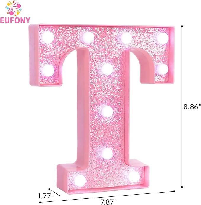 Pink Marquee Light Up Letters, Glitter Alphabet LED Letter Lights for Pink Birthday Party Decorations, Battery Operated Letter Sign for Girls Room Vanity Table Decor, Cool White Lights Letter T