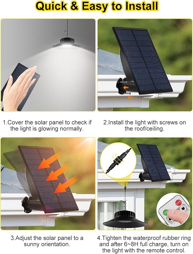 T-SUN Solar Shed Lights 4 Pack Solar Pendant Lights, Outdoor Indoor Garden Light with Remote 3000K/ 4000K/ 6000K, IP65 Waterproof for Barn Shed Shop Patio Garage Courtyard Balcony