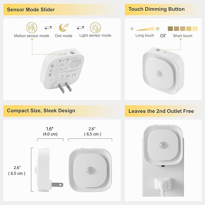YUNLEX 2 Pack Plug in Night Light with Motion Sensor & Dusk to Dawn Sensor, 3 Sensor Modes, Auto ON/Off, Dimmable, Night Lights Plug into Wall for Bathroom, Kitchen, as Mother Gifts, Light Blue