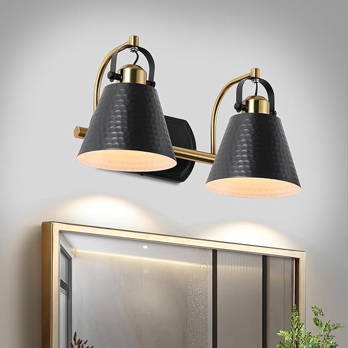 2-Lights Black and Gold Vanity Light, Farmhouse Vanity Light with Rotatable Hammered Shade, Bathroom Light Fixtures Over Mirror, Modern Wall Sconces for Bath Mirror Bedroom Living Room Stair Hallway