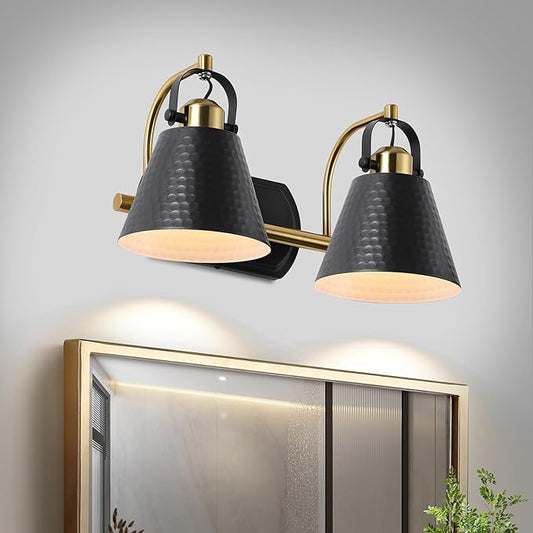 2-Lights Black and Gold Vanity Light, Farmhouse Vanity Light with Rotatable Hammered Shade, Bathroom Light Fixtures Over Mirror, Modern Wall Sconces for Bath Mirror Bedroom Living Room Stair Hallway