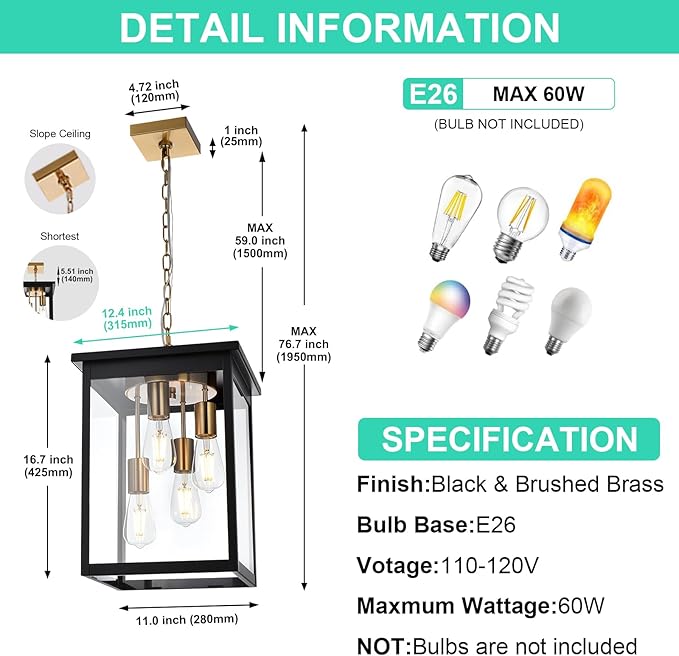 Yaohong Large Outdoor Pendant Light, 4-Lights Black and Brushed Brass Exterior Hanging Porch Chandelier Lantern with Clear Glass, Outdoor Ceiling Light Fixture for Entryway Gazebo Patio