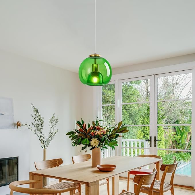 Green Glass Pendant Lights Kitchen Island Gold Hanging Light Fixture Glass Globe Pendant Light Modern Pendant Lighting for Kitchen Island Bedroom Dining Room (7.87", 1 Pack)