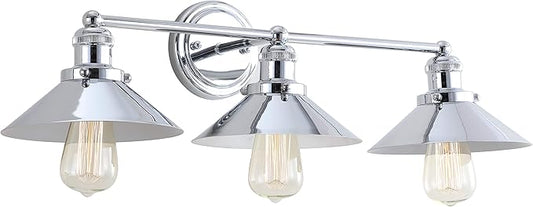 JONATHAN Y 26.5" Chrome 3-Light Industrial Farmhouse Metal Vanity Light Wall Sconce, Metal Shade for Bathroom Mirror, Kitchen, Entryway, LED Bulb Included (JYL7425A)
