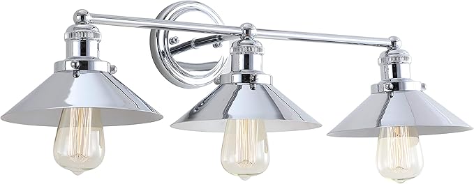 JONATHAN Y 26.5" Chrome 3-Light Industrial Farmhouse Metal Vanity Light Wall Sconce, Metal Shade for Bathroom Mirror, Kitchen, Entryway, LED Bulb Included (JYL7425A)
