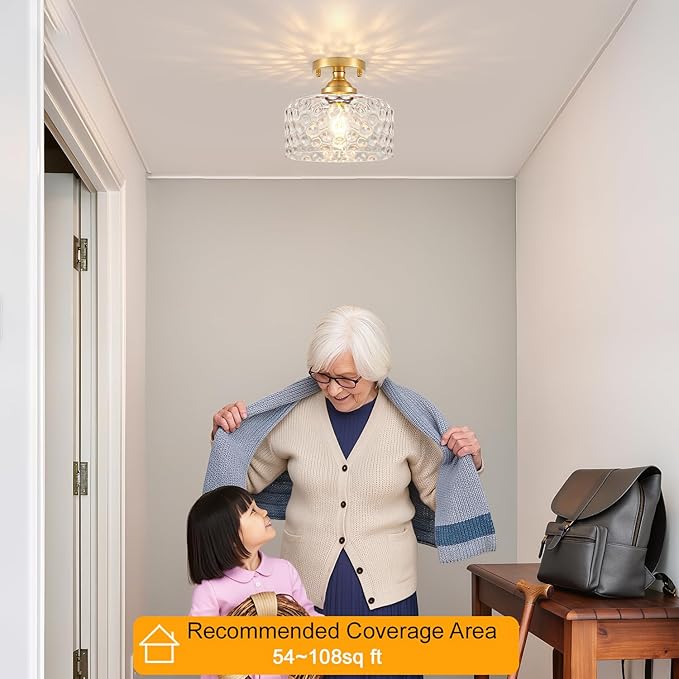 Small Semi Flush Mount Ceiling Light Fixture, Vintage Gold Close to Ceiling Lighting with Hammered Glass Shade for Hallway, Kitchen, Entryway (Retro Design, Easy Install)