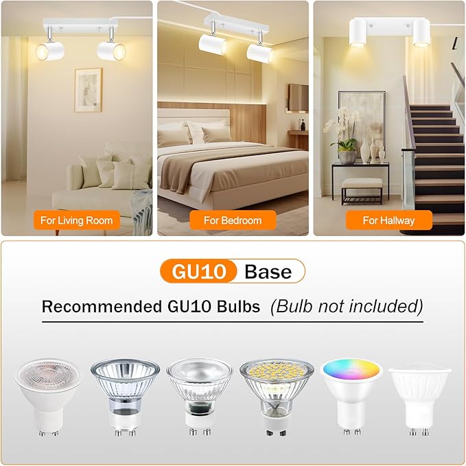 AUQUEE 2 Light Track Lighting Kit,White 2 Way Flexible Plug in Ceiling Spotlight,Industrial LED Wall Light for Kitchen Cabinet Gallery Bar Hallway Living Room,Rocker Switch,15 ft Cord(No Bulb)