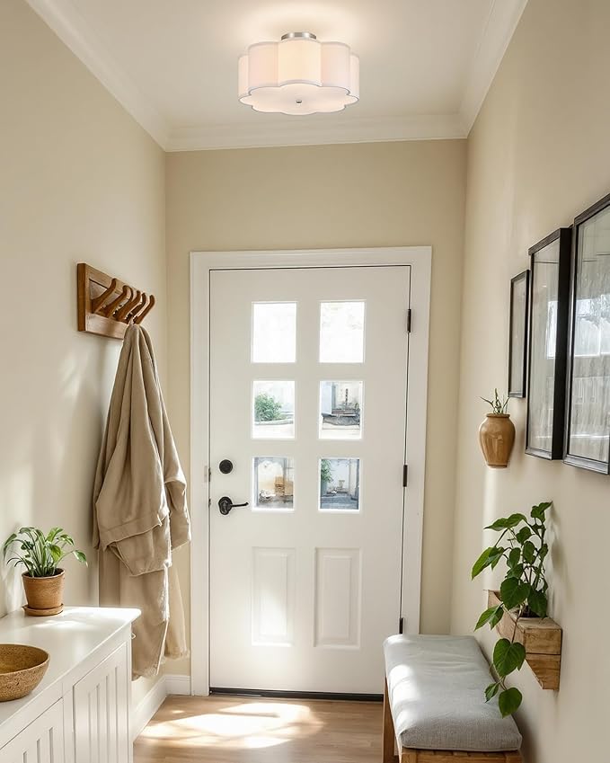 VONLUCE Semi-Flush Mount Ceiling Light, 15.7" Modern 3-Light Ceiling Light Fixture with White Petal-Shaped Shade 3 E26 Sockets for Bedroom Entryway Living Room, Nickel Finish, ETL Certificated