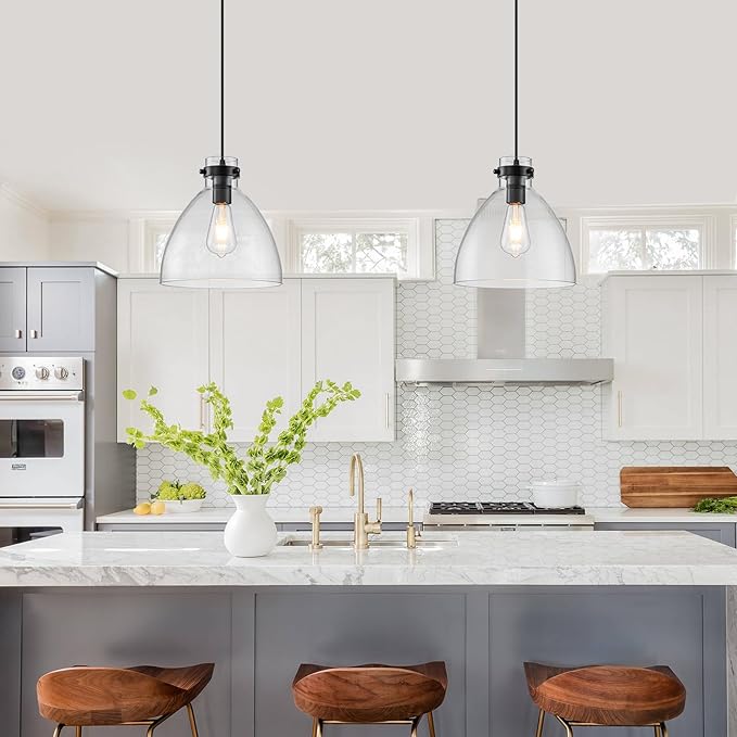 WILON Pendant Lights, Pendant Lights Kitchen Island, 1-Pack Black Farmhouse Pendant Light Fixtures with 9.8" Round Glass Shade for Dining Room Over Table Sink Bar Foyer