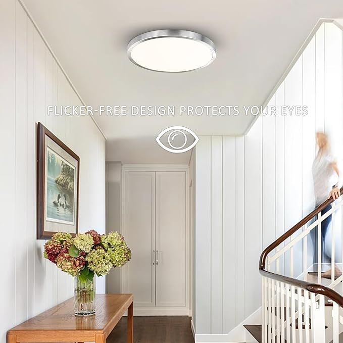 14 Inch Flush Mount LED Ceiling Light Fixture, Slim Dimmable Flush Mount Light for Kitchen, Metal and Glass Modern Ceiling Light for Low Ceiling, Bedroom, Laundry, Brushed Nickel, 26W, 3000K, 2 Pack