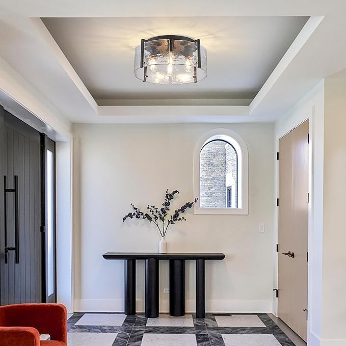 17.3“ Semi Flush Mount Ceiling Light Fixture, Black 4-Light Modern Water Ripple Chandelier Glass Light Fixture for Entryway Hallway Kitchen Island Dining Room Foyer Bedroom Laundry Hallway