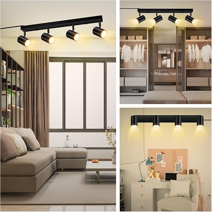 AUQUEE 4 Light Track Lighting Kit,Black 4 Way LED Plug in Ceiling Spotlight,Industrial GU10 Wall Light for Kitchen Cabinet Gallery Bar Hallway Living Room,Rocker Switch,15 Foot Cord(No Bulb)