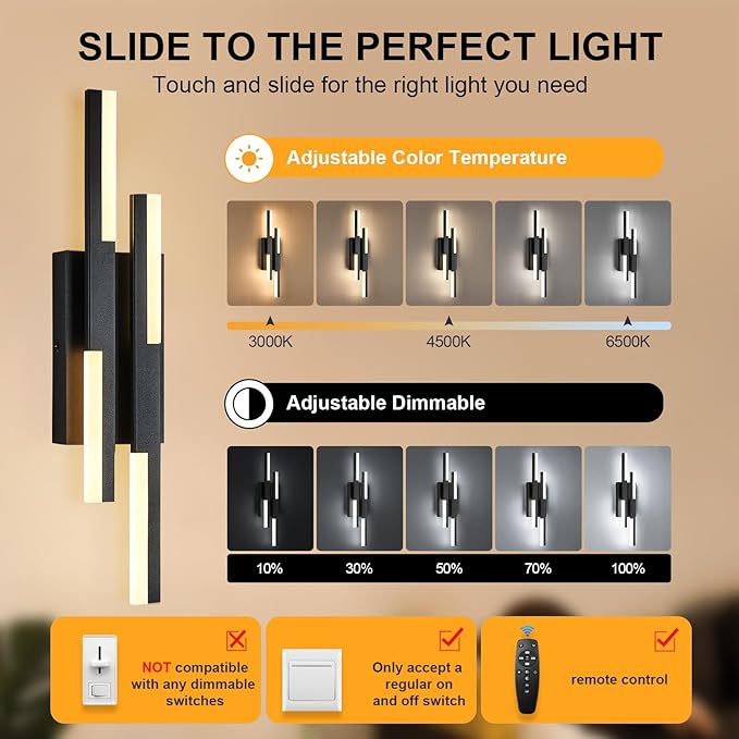 Benkut Modern LED Wall Sconce Black Remote Wall Light Fixtures for Bathroom, Dimmable Vanity Light Indoor LED Remote Wall Sconce for Bedside Bedroom Living Dining Room (1 Pack 3000-6500K 19.7inch)