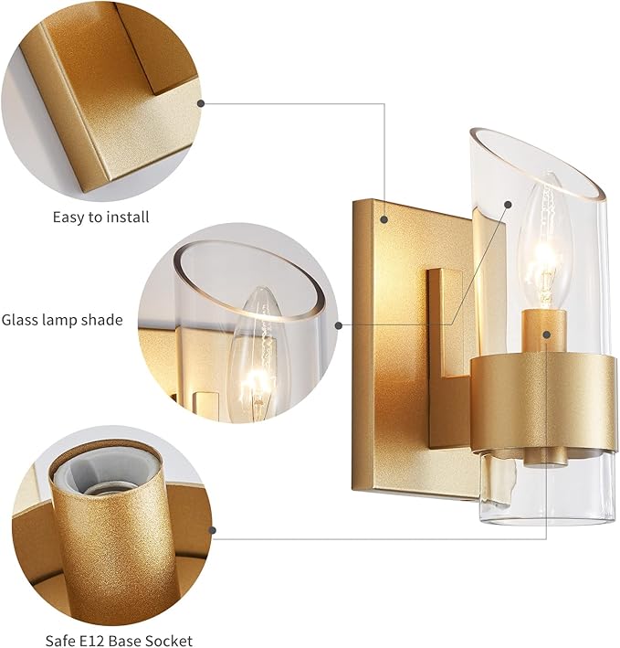 WUZUPS Set of 2 1-Light Bathroom Wall Light Fixture Over Mirror Class Shade Morden Vanity Scones for Bathroom Bedroom Living Room, E12 Base, Gold