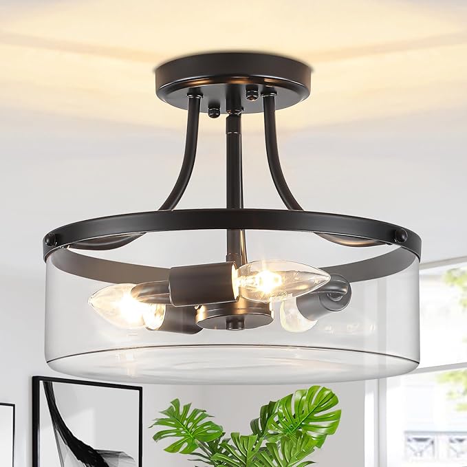 TOULMJ Black Semi Flush Mount Ceiling Light, 11.81" Glass Drum Light Fixture, 3-Light Modern Hallway Light Fixture for Kitchen Entryway Bedroom Foyer Laundry Dining Room