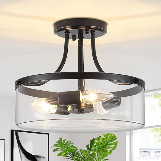 TOULMJ Black Semi Flush Mount Ceiling Light, 11.81" Glass Drum Light Fixture, 3-Light Modern Hallway Light Fixture for Kitchen Entryway Bedroom Foyer Laundry Dining Room